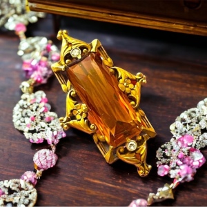 Antique Georgian 14k Gold miner Diamond & Citrine ornate brooch RARE piece