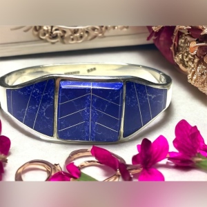 Vintage Blue Lapis Lazuli ZUNI Sterling silver 925 bangle bracelet orante inlay