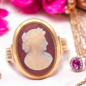 ANTIQUE VICTORIAN HIGH RELIEF CARNELIAN CAMEO RING 10K YELLOW GOLD SIZE 6 1800s