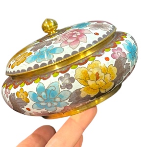 JINGFA chinese Cloissone Brass painted metal trinket bowl & lid