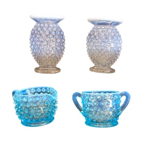 Vintage FENTON Hobnail LOT Opalescent vases & blue cream & sugar glass collect