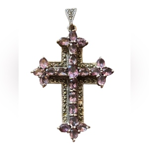 Antique REAL Gemstone Amethyst & Marcasite Cross pendant, 19th century Religious