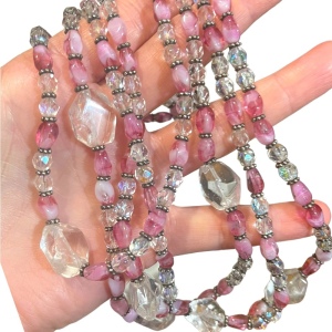 Vintage 3/4 strand pink CZECH glass Quartz & crystal necklace silver