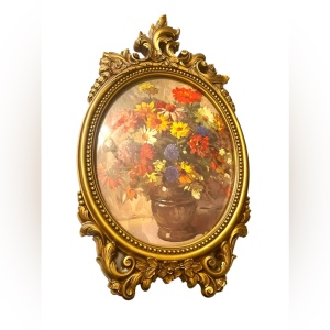 Large Vintage Syroco 1960s gold gilt flower picture framed