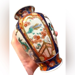 Vintage GOLD IMARI Japan hand painted ceramic vase birds flowers