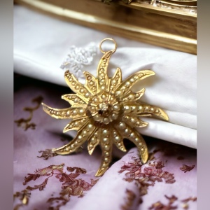 Antique 14k Gold diamond & seed pearl starburst brooch pendant Eduardian