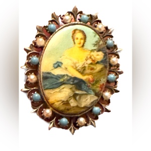 Vintage resin transfer cameo pendant brooch faux pearl turquoise bezel