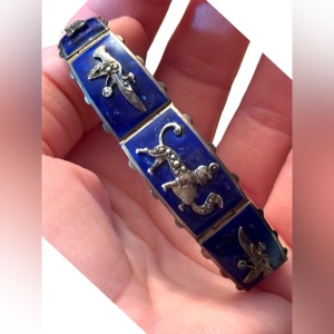 Antique Egyptian Revival Marcasite Blue Enamel Bracelet Sterling Silver RARE