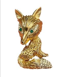 Vintage large gold finish crystal rhinestone FOX brooch