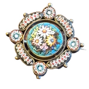 Antique pinchbeck FAP FABBRICA ANGELO PESSAR Italian Micro Mosaic Brooch flowers