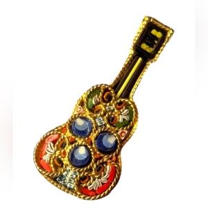 Vintage mid century 1950s gold plt micro mosaic Italy Italian guitar brooch