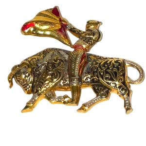 Vintage Damascene bull fighter gold plated brooch with enamel