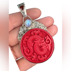 Rare Cinnabar Sajen 925 Sterling silver cinnabar moonstone garnet dragon Bali