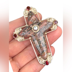 RARE Sajen 925 Sterling silver brooch pendant Jasper Garnet Cross ornate Bali