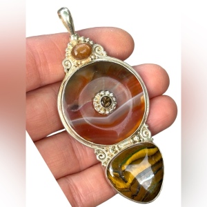 RARE Sajen 925 Sterling silver pendant Tiger eye jasper statement pendant