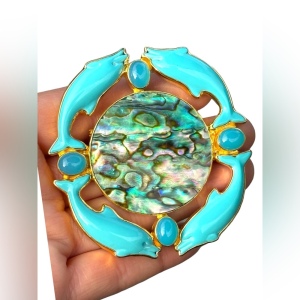 RARE Sajen 925 Sterling silver brooch pendant Large turquoise abalone dolphin