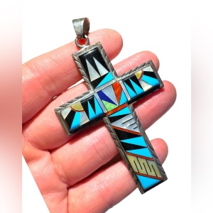 Vintage Zuni Turquoise & Pearl Inlaid Cross pendant Sterling Silver Indigo 925