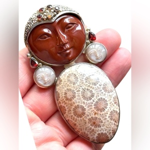 RARE Sajen sterling silver Goddess Brooch pendant Jasper moonface garnet