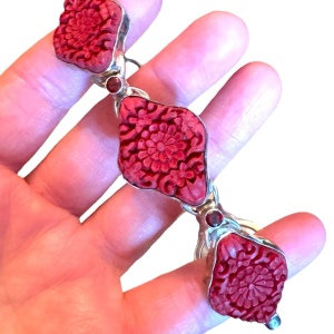 SAJEN Sterling Silver 925 CINNABAR Link BRACELET Carved Flower Toggle RED GARNET