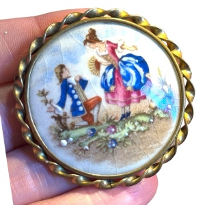 Antique hand painted ceramic SISCA France courting cameo scene brooch