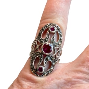 Sterling silver 925 Oblong RUBY marcasite ring SZ 6.5 art deco style