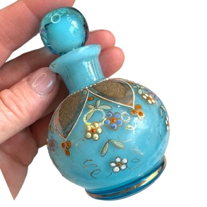 Antique Hand painted Blue Opaline French perfume bottle 4x3”