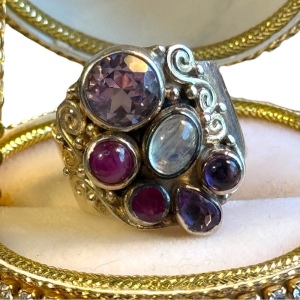 Sajen Stunning Moonstone amethyst ruby rhodonite fancy 925 sterling silver ring