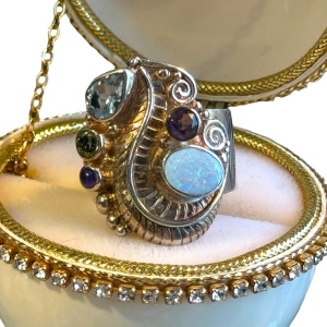 Sajen Moonstone amethyst & topaz scrollwork Bali designer ring