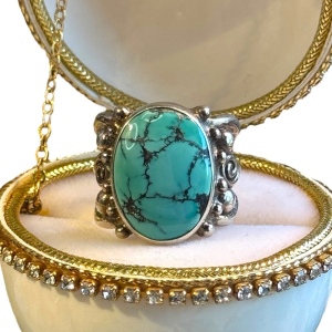 Turquoise Ring Sterling Silver Sajen ornate scrollwork