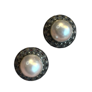 Large faux pearl marcasite sterling silver large 925 earrings