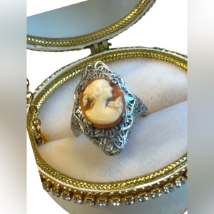 Antique sterling silver filagree shell cameo ring 925 art deco Victorian