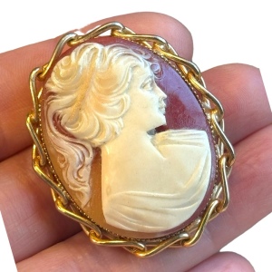 Vintage resin cameo detailed shell look brooch gold bezel