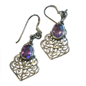 Lovely silver patina amethyst fancy filagree eareings scrollwork