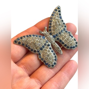 Antique Potmetal blue rhinestone large butterfly brooch