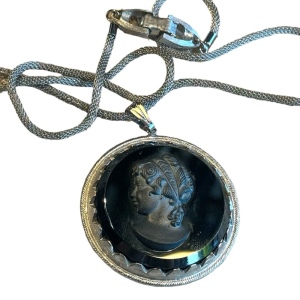 Vintage black glass large silouette CAMEO silver finish chain