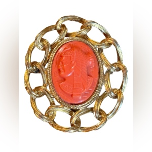 Vintage 1960s orange resin gold finish Egyptian styled CAMEO brooch