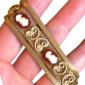 Vintage 1960s gold finish ornate multi cameo scroll design bracelet