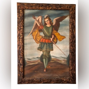 Antique 1920s Archangel Hadriel Cusco School Peru canvas framed oil painting