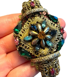 Antique Art Deco Large Filigree Brooch Czech Glass Multi Colored unique RARE