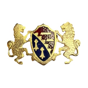 Vintage gold finish wnameled double Lion coat of arms brooch