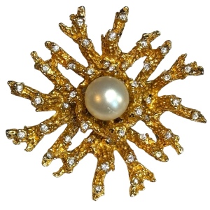 Vintage gold plated modernist faux pearl thinestone starburst flower brooch