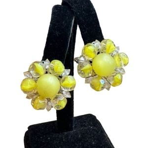 Western Germany Yellow glass Bead Round Cluster Clip On Earrings