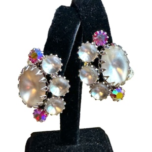 Lovely vintage frosted glass AB crystal Continental mid century clip on earrings