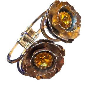 Vintage hinged clamper large gold flower AB crystal ITALY designer bracelet