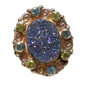 Sajen Sterling Silver Peacock Blue Druzy Ring with Peridot and Blue Topaz ring