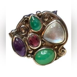 Lovely multi gemstone sterling silver 925 Sajen ring Bali