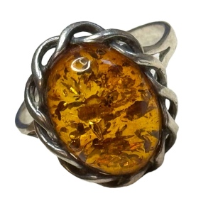 Vintage sterling silver 925 USSR Imported Fossil AMBER handmade ring