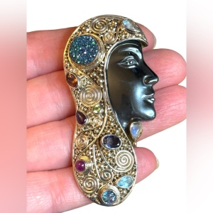 Sajen 2001 Sterling silver multi gemstone Hematite Goddess face RARE brooch