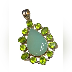 Handmade green gemstones large silver pendant