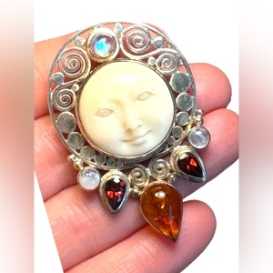 Bali handmade Sajen Boneface goddess amber garnet moonstone pendant brooch